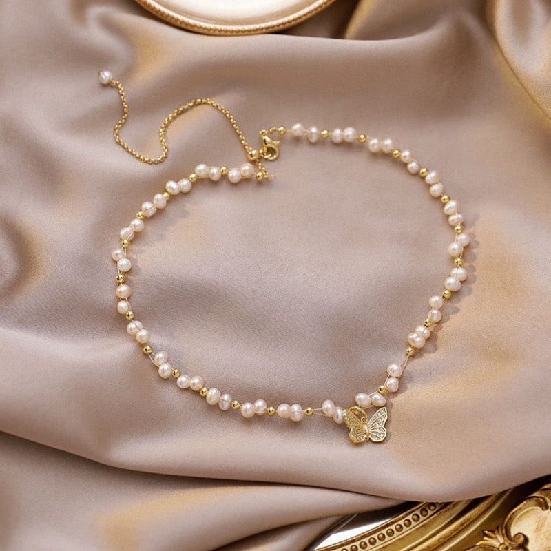 Gold Butterfly Pearl Bracelet & Necklace