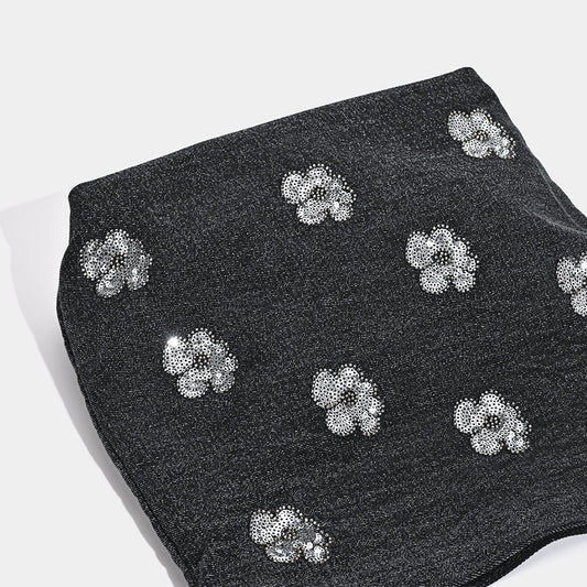 Black Sequined Floral Embellished Shoulder Bag for Women.