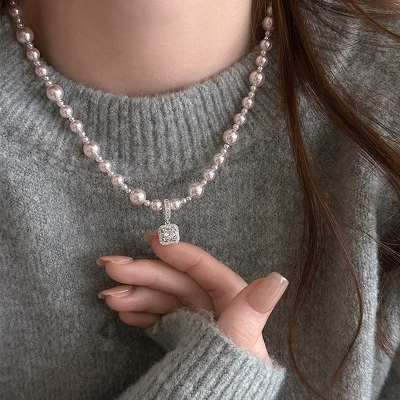 Square Zircon Pearl Necklace White/Grey/Rose Gold