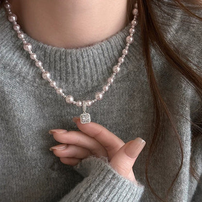 Square Zircon Pearl Necklace White/Grey/Rose Gold