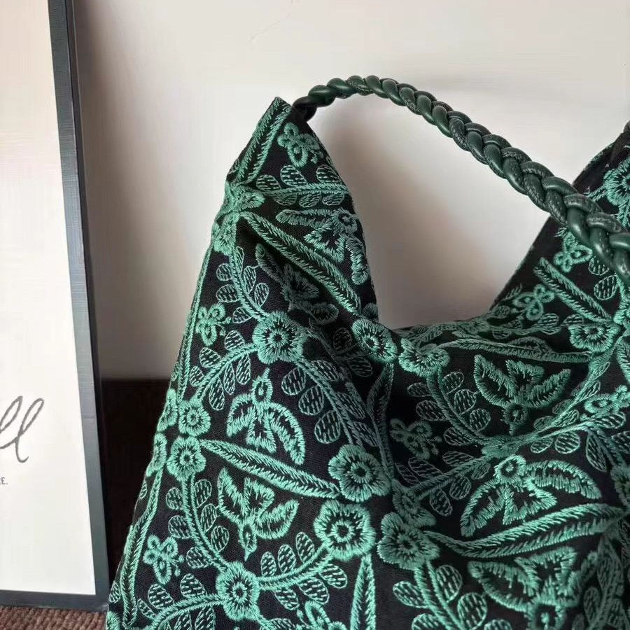 Retro Green Jungle Embroidered Shoulder Bag for Women