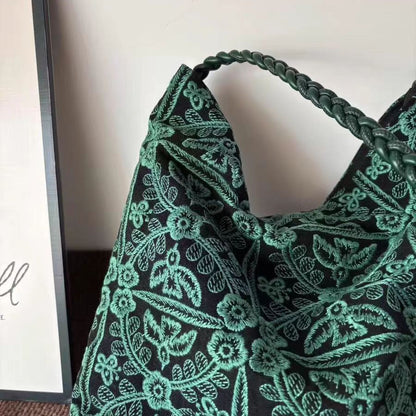 Retro Green Jungle Embroidered Shoulder Bag for Women