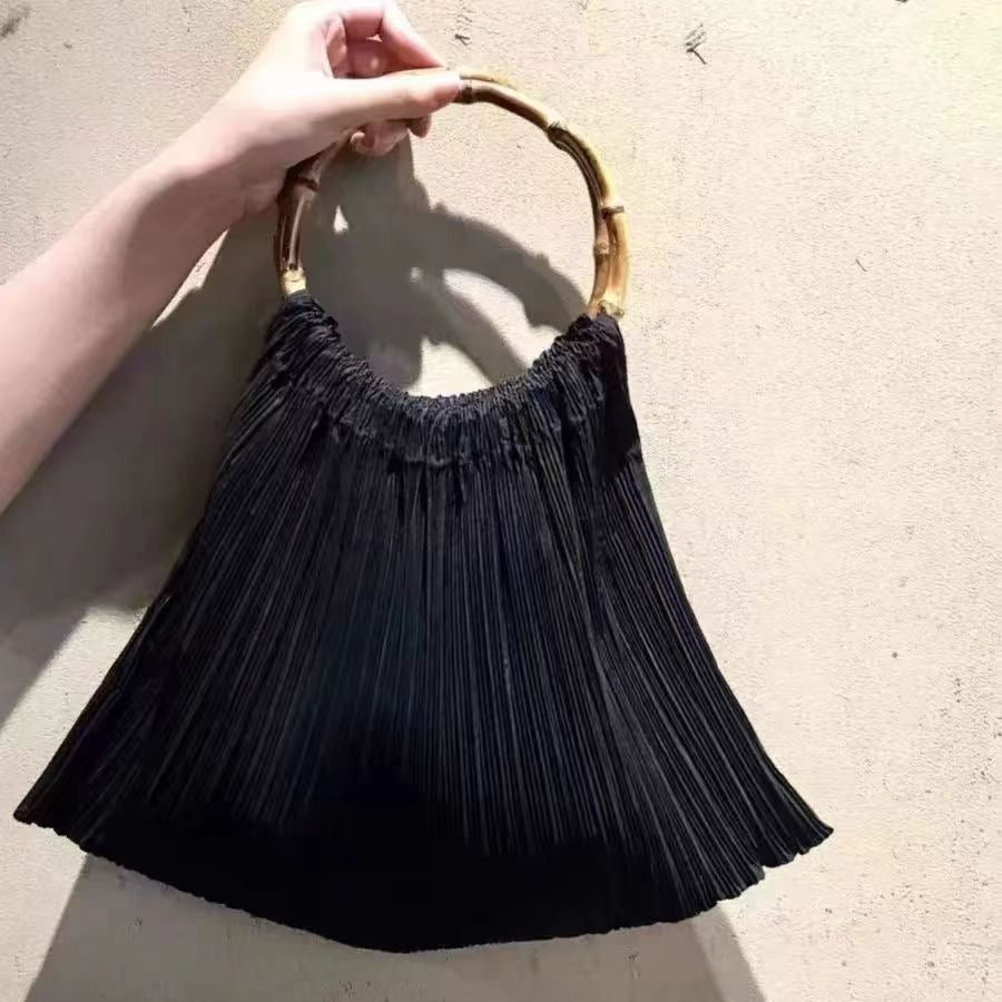 Retro Black Pleated Texture Bamboo Handbag Shoulder Bag Women's Bag