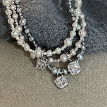 Square Zircon Pearl Necklace White/Grey/Rose Gold