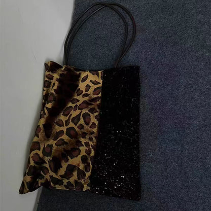 Retro Print Leopard Print Patchwork Sequin Shoulder Bag for Women