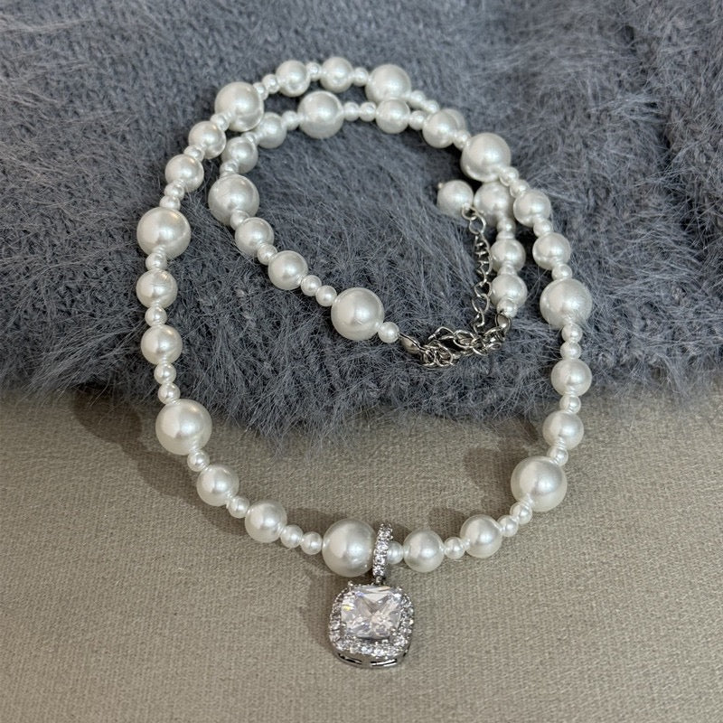 Square Zircon Pearl Necklace White/Grey/Rose Gold