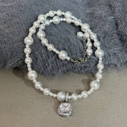 Square Zircon Pearl Necklace White/Grey/Rose Gold