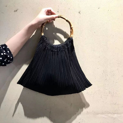 Retro Black Pleated Texture Bamboo Handbag Shoulder Bag Women's Bag