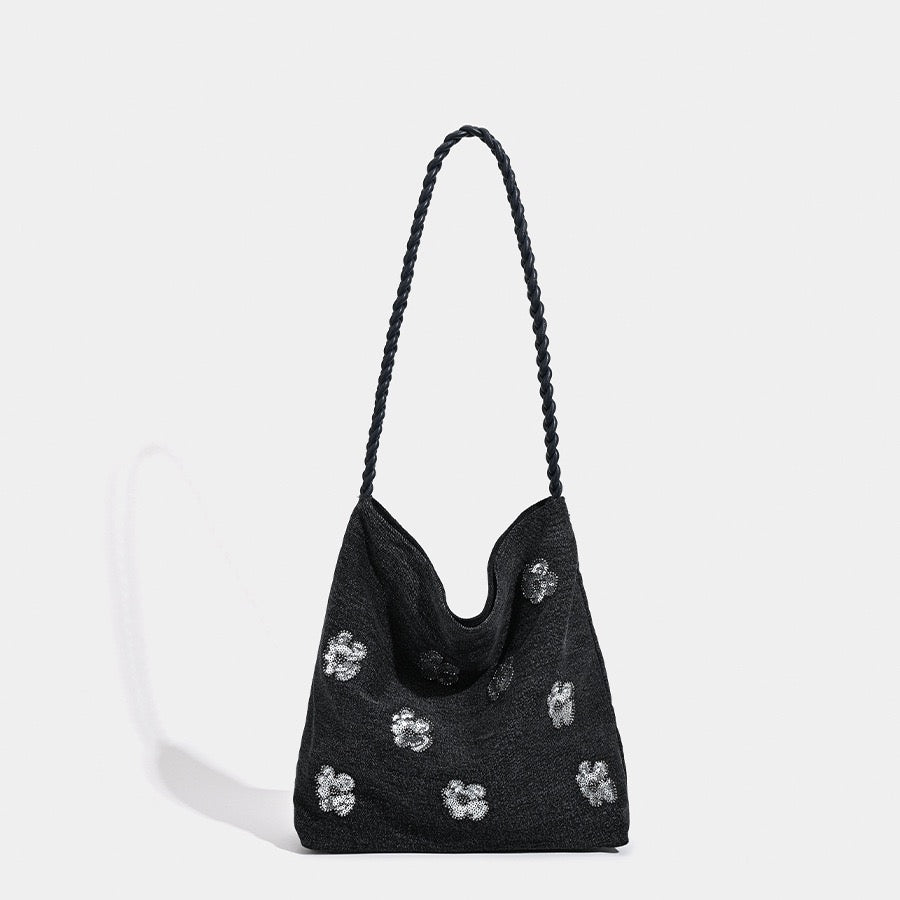 Black Sequined Floral Embellished Shoulder Bag for Women.