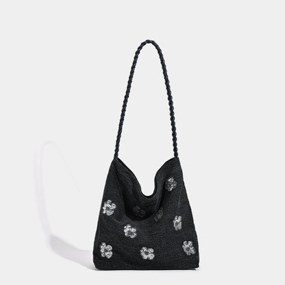 Black Sequined Floral Embellished Shoulder Bag for Women.
