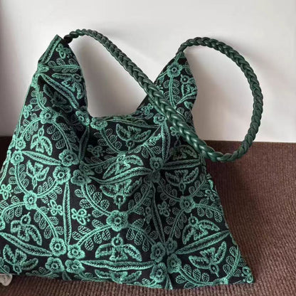 Retro Green Jungle Embroidered Shoulder Bag for Women