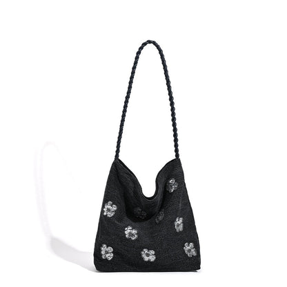 Black Sequined Floral Embellished Shoulder Bag for Women.