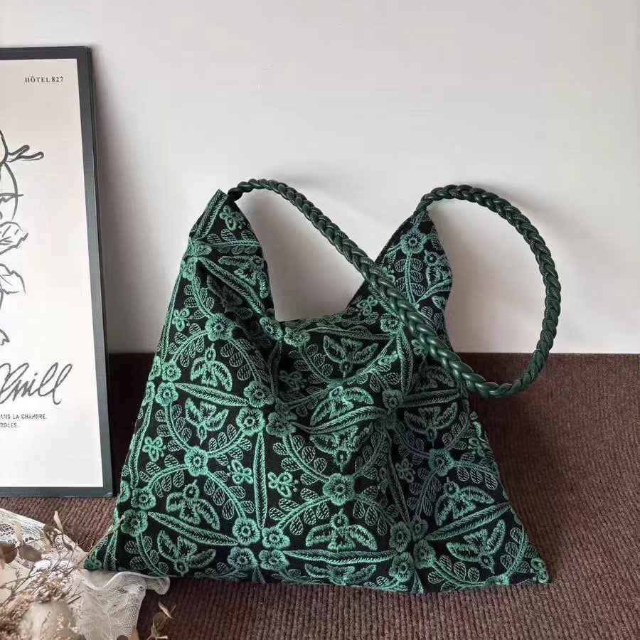 Retro Green Jungle Embroidered Shoulder Bag for Women