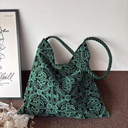Retro Green Jungle Embroidered Shoulder Bag for Women