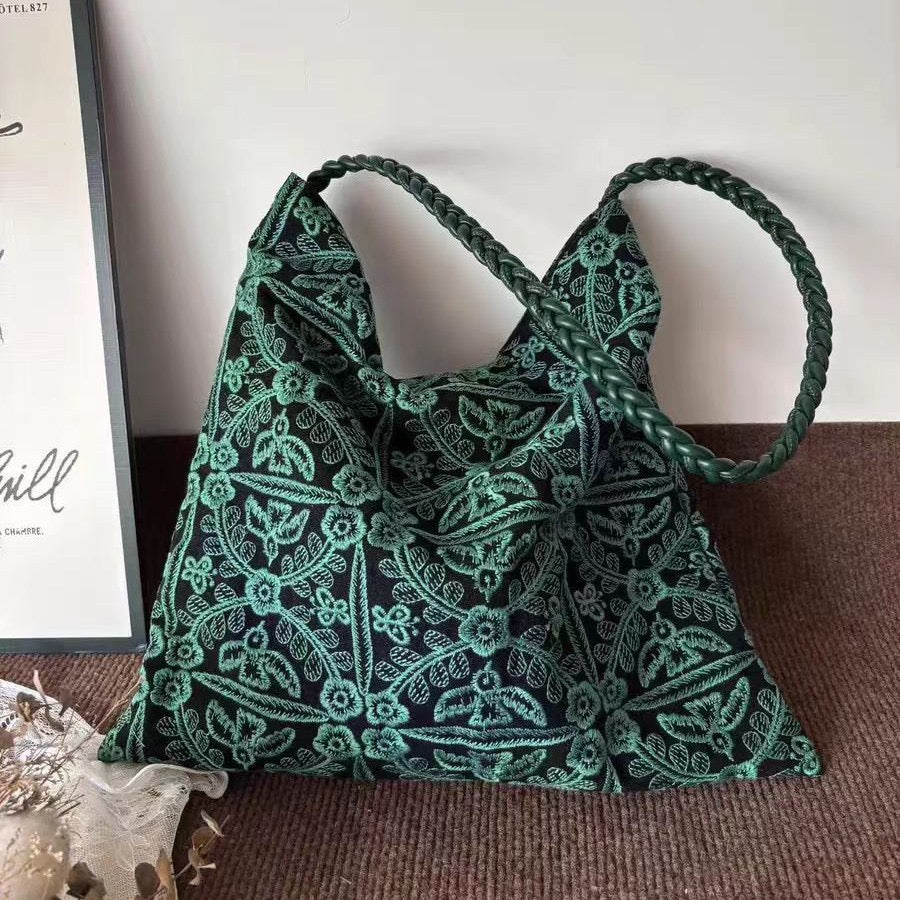 Retro Green Jungle Embroidered Shoulder Bag for Women