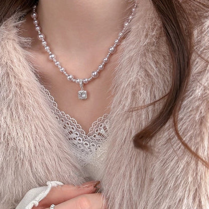 Square Zircon Pearl Necklace White/Grey/Rose Gold