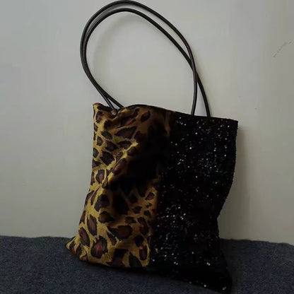 Retro Print Leopard Print Patchwork Sequin Shoulder Bag for Women