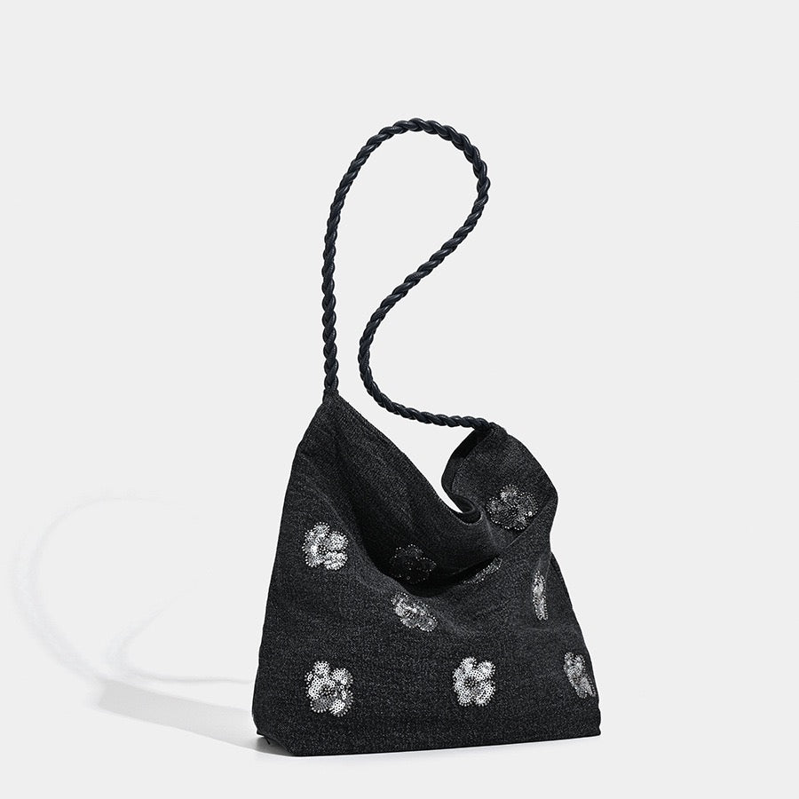 Black Sequined Floral Embellished Shoulder Bag for Women.