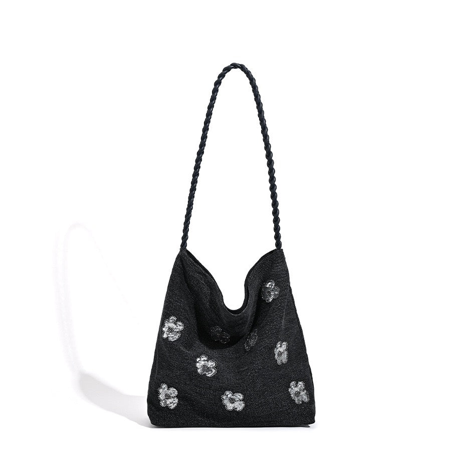 Black Sequined Floral Embellished Shoulder Bag for Women.