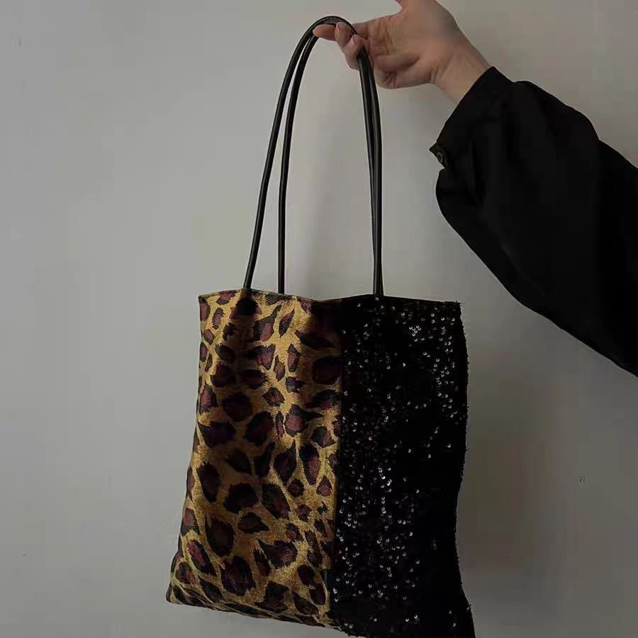 Retro Print Leopard Print Patchwork Sequin Shoulder Bag for Women