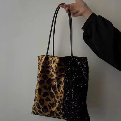 Retro Print Leopard Print Patchwork Sequin Shoulder Bag for Women