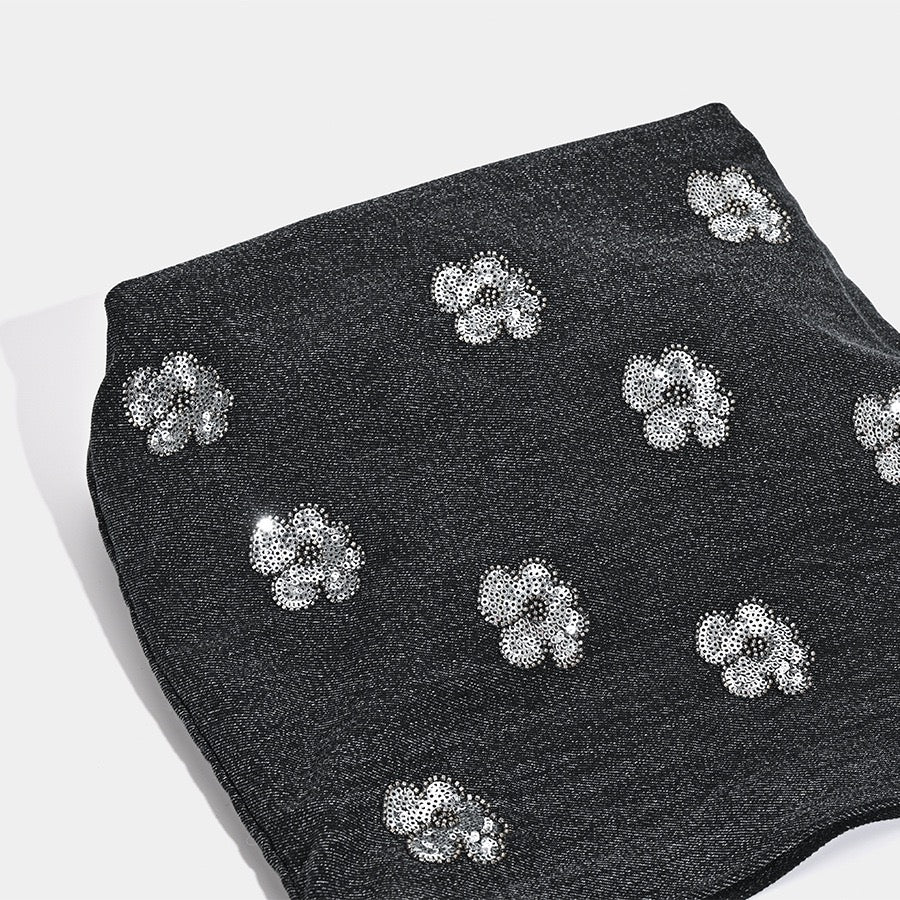 Black Sequined Floral Embellished Shoulder Bag for Women.