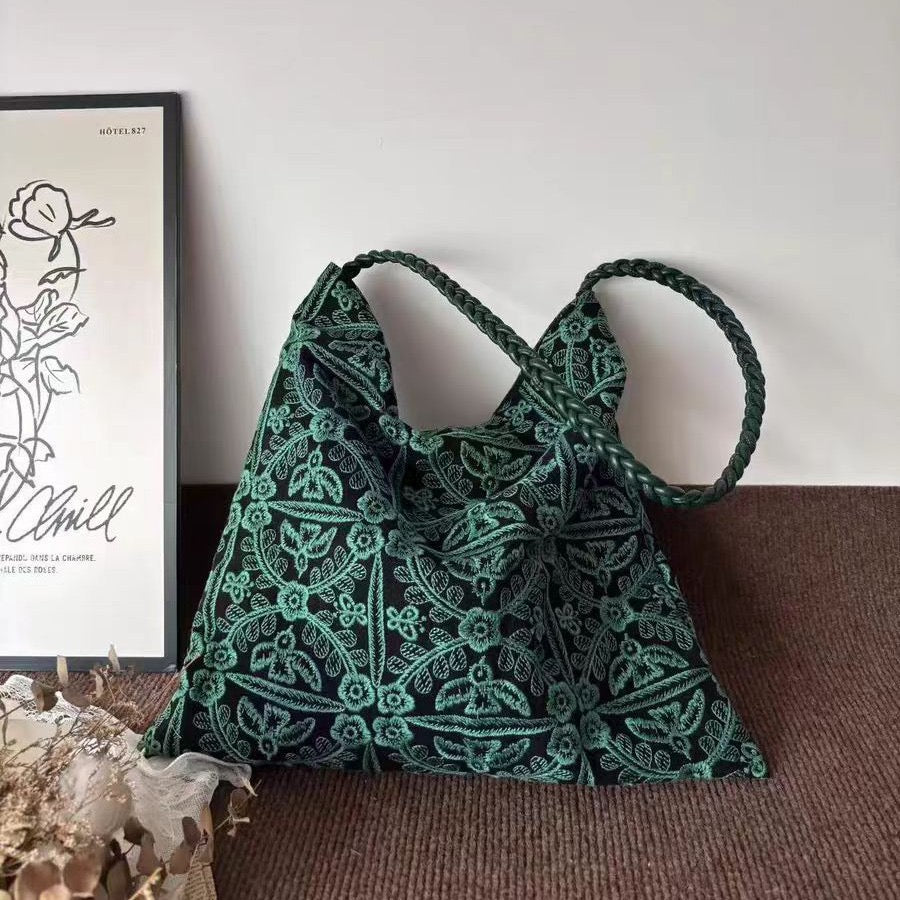 Retro Green Jungle Embroidered Shoulder Bag for Women