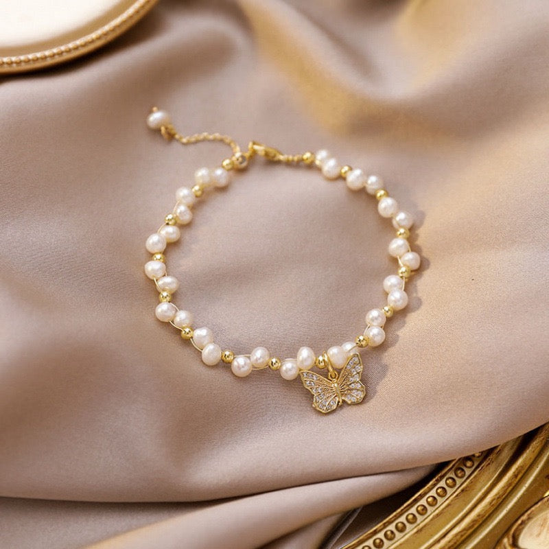 Gold Butterfly Pearl Bracelet & Necklace